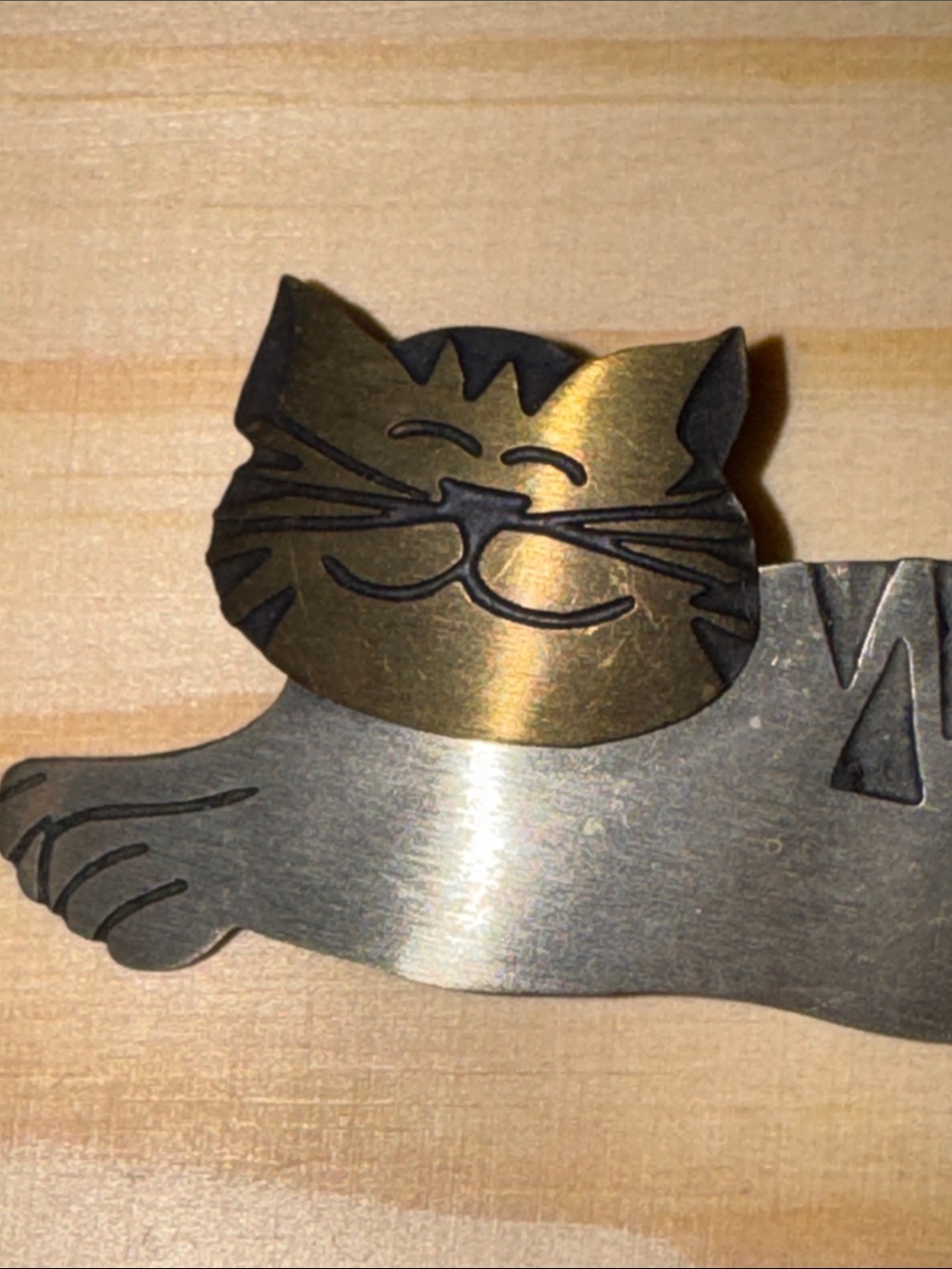 Cat-Shaped Metal Brooch in Brass and Silver Tones